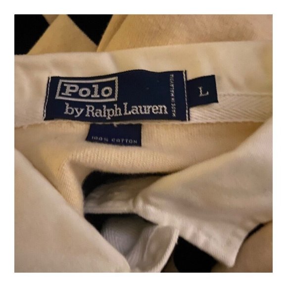 Ralph Lauren Polo Men Cream Navy Striped Red Pony Long Sleeve Rugby Polo Sz L - Picture 10 of 10